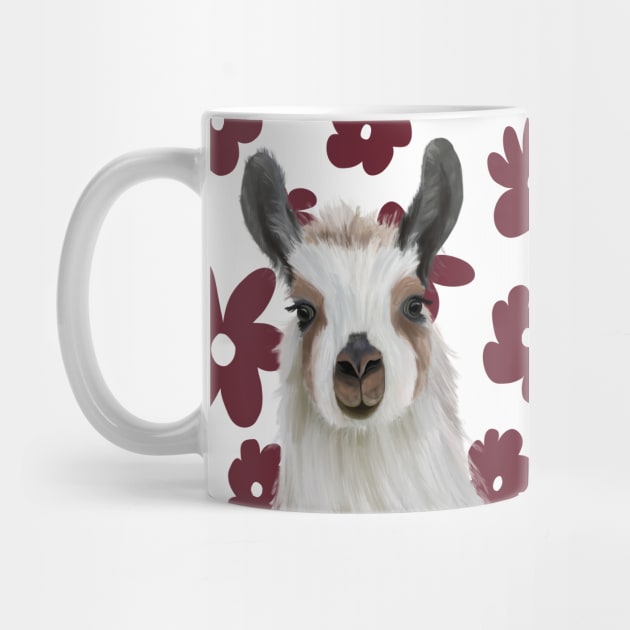 Llama | Burgundy Red Retro Flowers | Llama Lovers gift by Suneldesigns